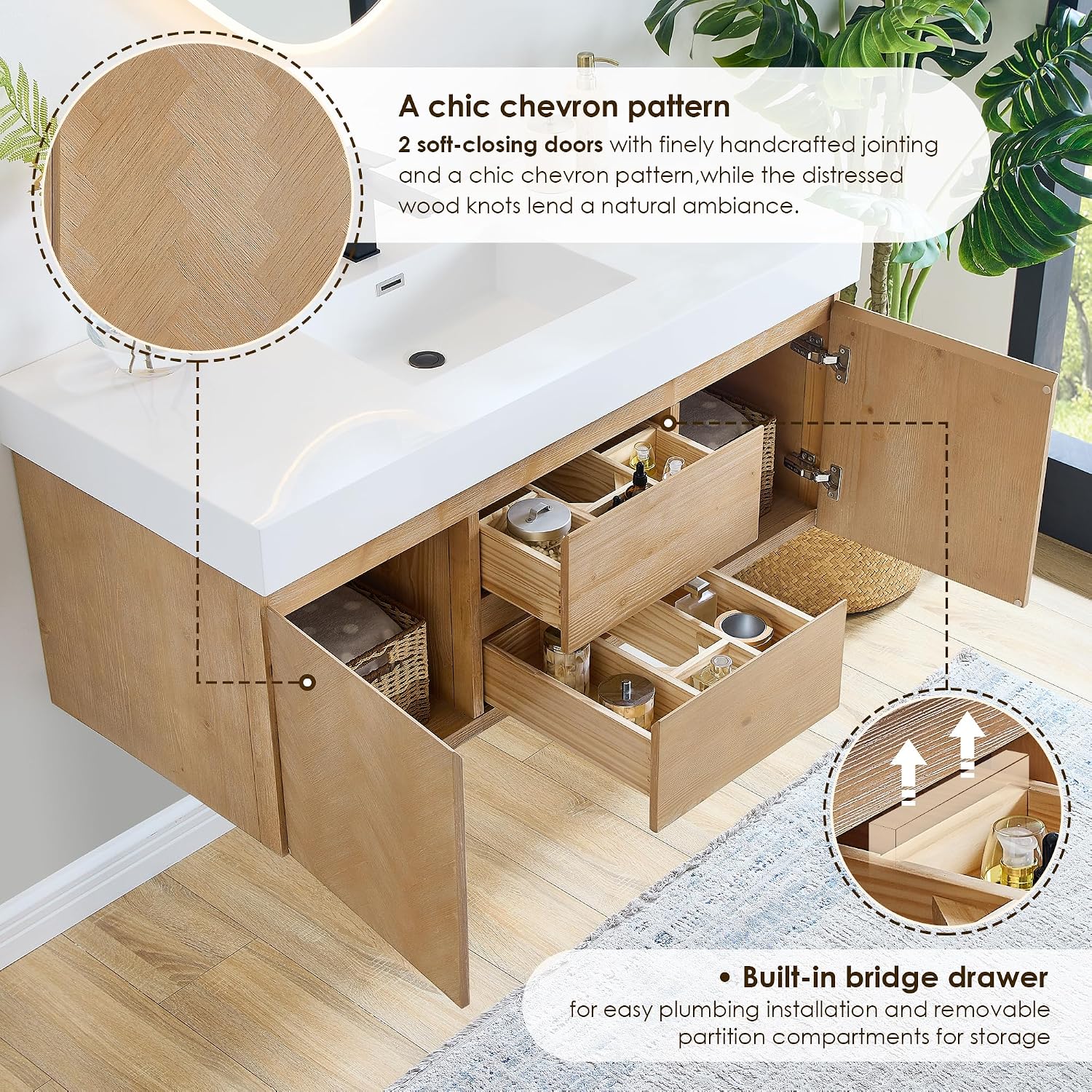 48 Inch Floating Sink Bathroom Vanity Wall Mount Single Vanities Overflow Mordern Large Storge Cabinet with Ceramic Countertop Double Soft Closing Drawers Pre-Assembled
