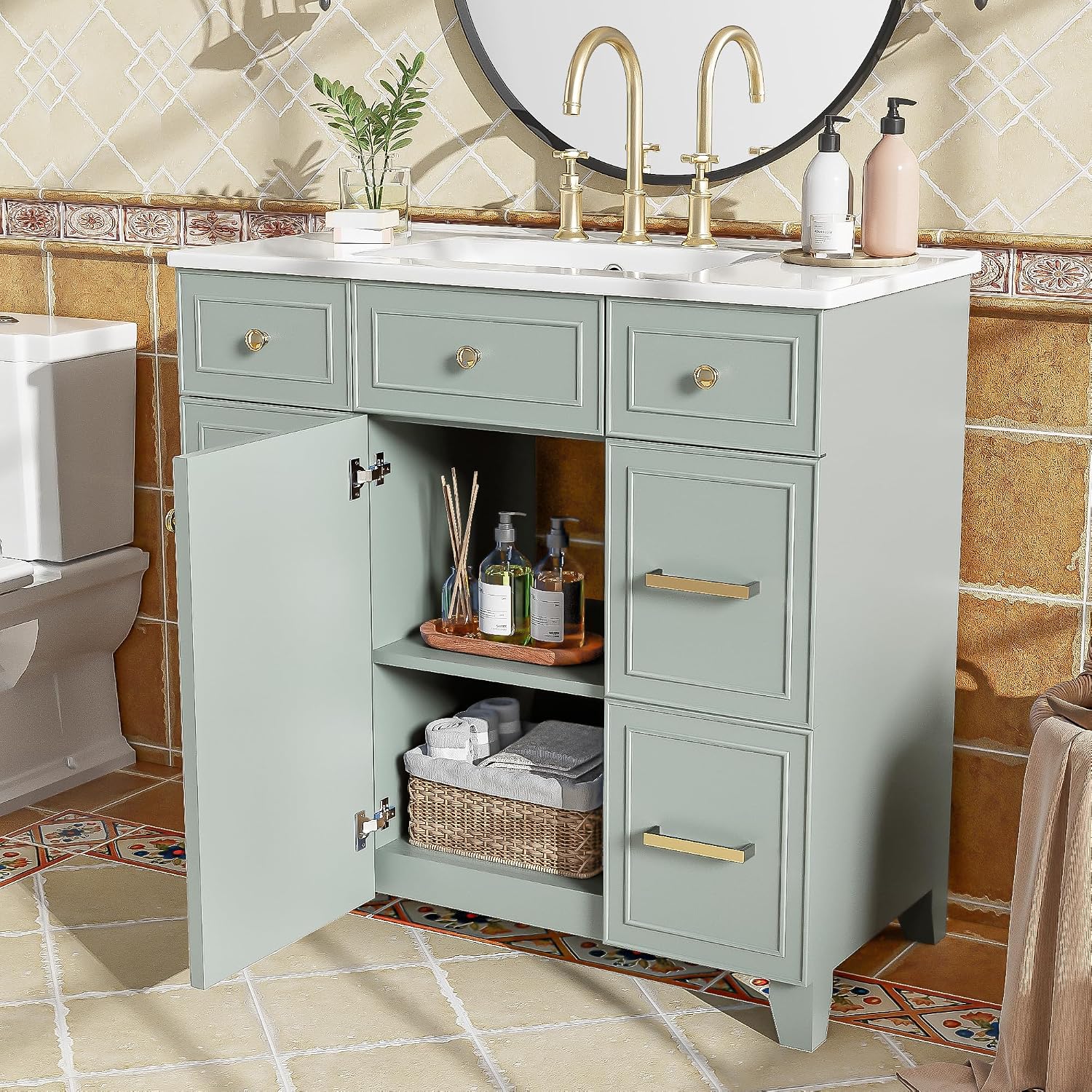 36' Bathroom Vanity with Ceramic Sink Countertop 1 Soft Close Doors 4 Drawers Adjustable Shelves Undermount Vanity with Storage (Green)