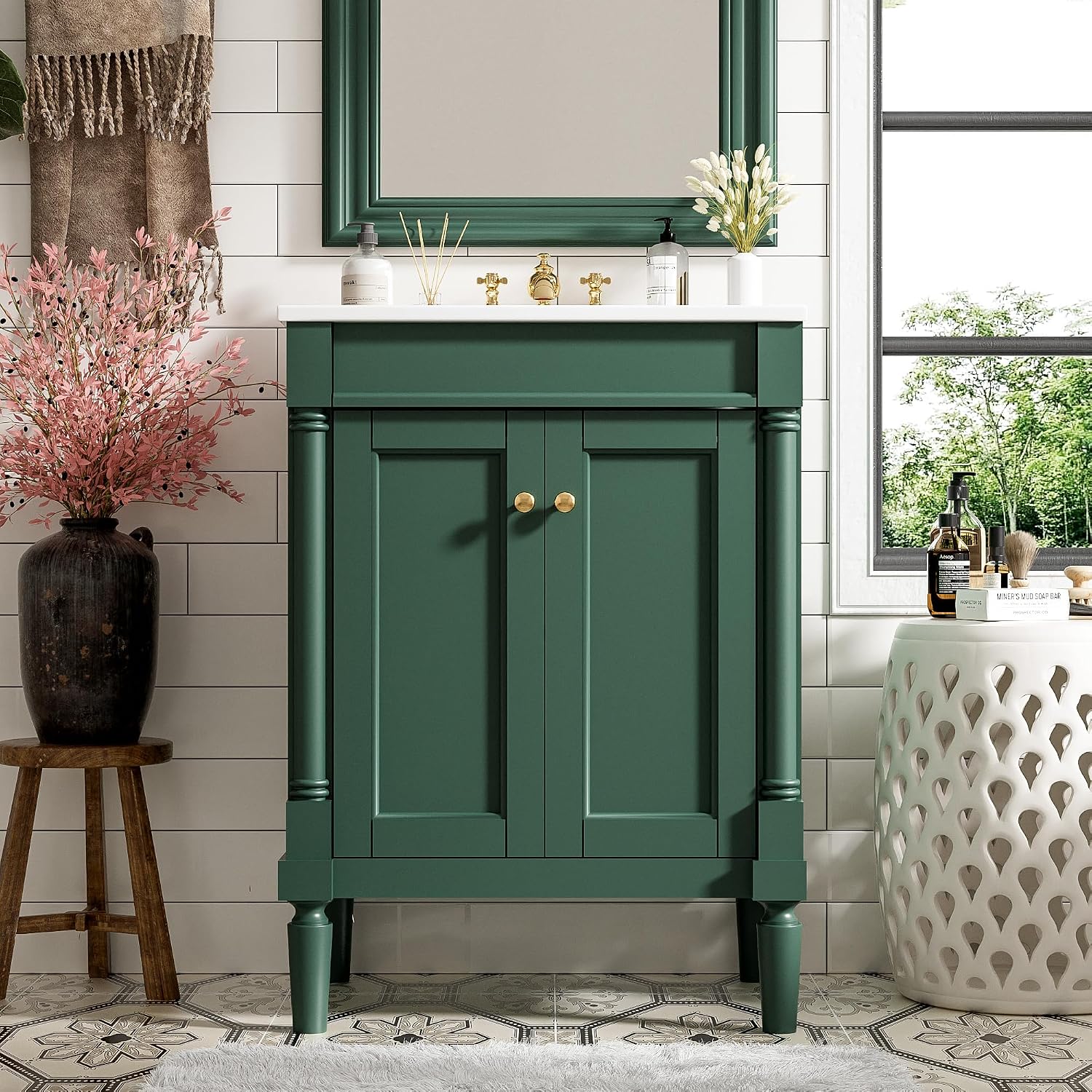 24' Vintage Bathroom Vanity with Sink Mid-Century Bathroom Vanity with 2 Soft-Close Doors & 2-Tier Adjustable Shelf Freestanding Bathroom Storage Cabinet with Roman Column Base & Metal Handles,Green