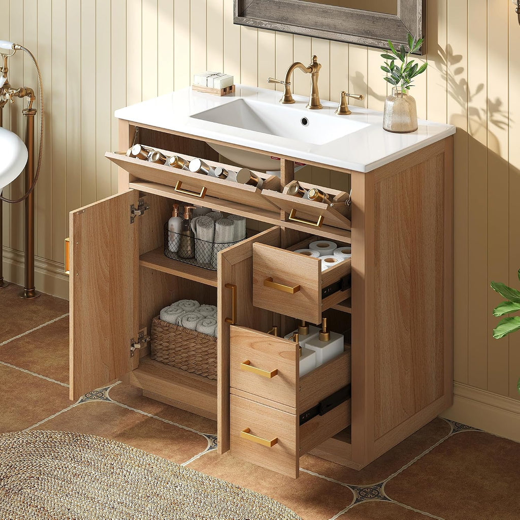 36-inch Bathroom Vanity with Sink Combo, Free-Standing Single Storage Cabinet with 2 Soft-Close Doors & 4 Drawers, Modern Natural Wood Grain Vanity with Ceramic Basin for Bathroom (Wood)