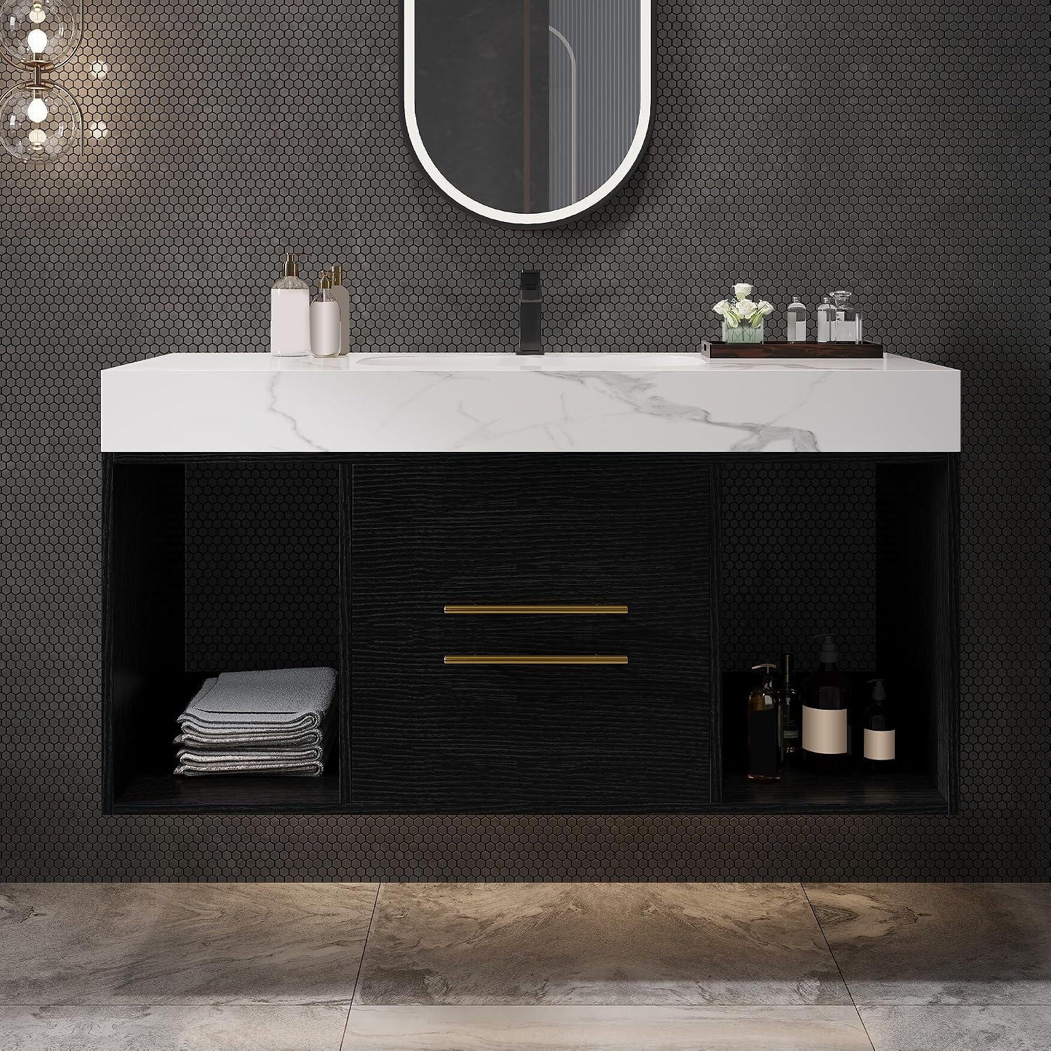 40 inch Bathroom Vanity with Ceramic Sink and Sinter Stone Marble Counter Top Modern Wall Mounted Floating Bathroom Sink Cabinet with 2 Drawers&2 Open Shelves&Gold Metal Handle,Black