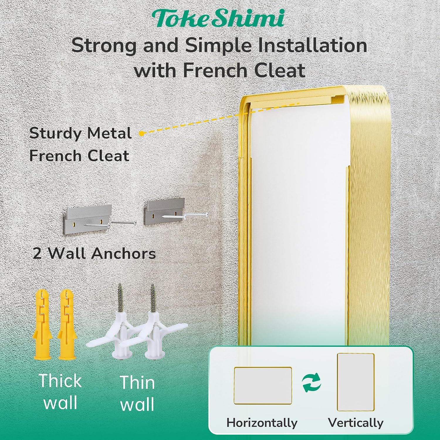 TokeShimi 48x24 Brushed Gold Bathroom Mirror for Over Sink,Bathroom Mirror Rectangle with Tempered Glass,Vanity Mirror with Aluminum Frame(Horizontal/Vertical)