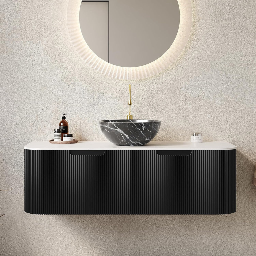 Yayzy 48' Floating Bathroom Vanity with Sink, Solid Wood Fluted Cabinet, White Marble-Patterned Ceramic Basin & Faux Marble Top, Soft-Close Drawer, Pre-Assembled, Gloss Black