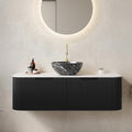 Yayzy 48' Floating Bathroom Vanity with Sink, Solid Wood Fluted Cabinet, White Marble-Patterned Ceramic Basin & Faux Marble Top, Soft-Close Drawer, Pre-Assembled, Gloss Black