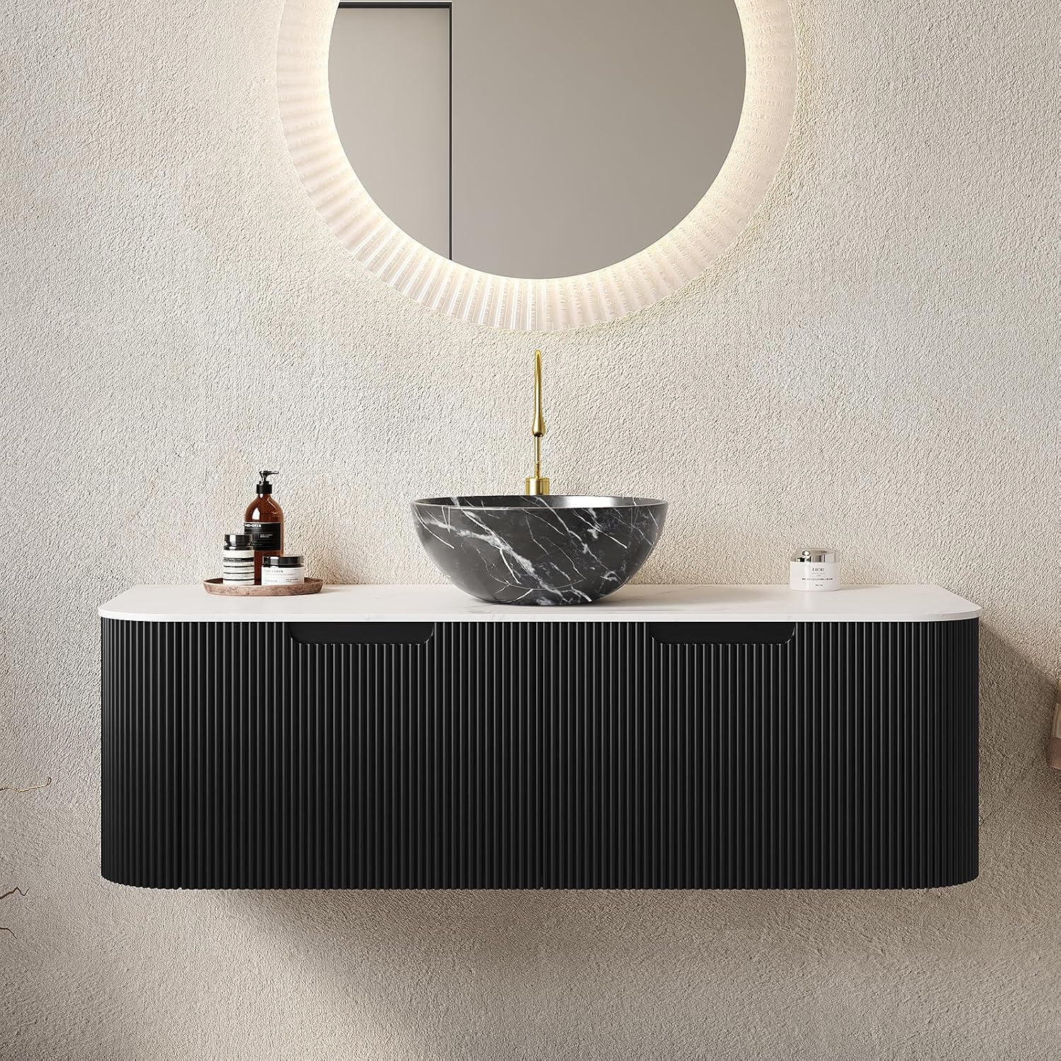 Yayzy 48' Floating Bathroom Vanity with Sink, Solid Wood Fluted Cabinet, White Marble-Patterned Ceramic Basin & Faux Marble Top, Soft-Close Drawer, Pre-Assembled, Gloss Black