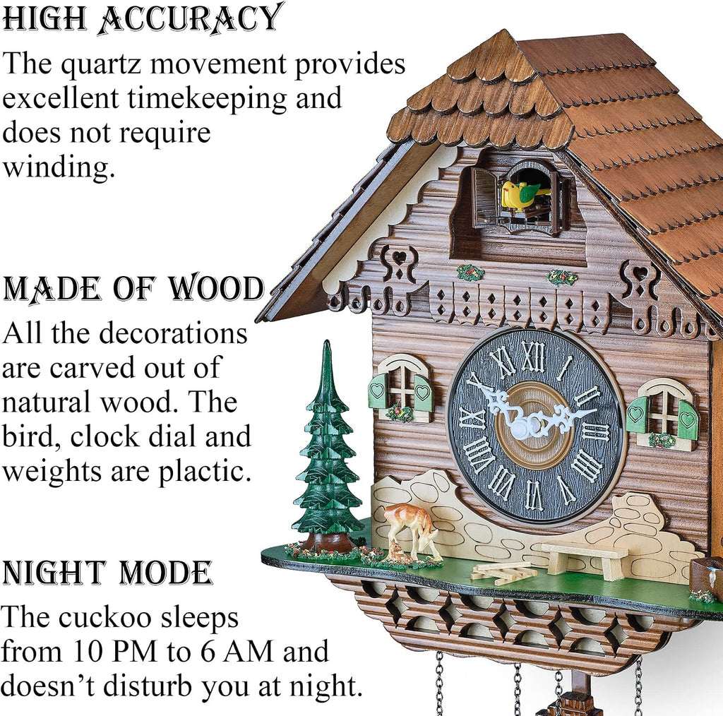 TIMEGEAR Cuckoo Wall Clock with Night Mode, Quartz Movement and Swinging Pendulum (The Farm)
