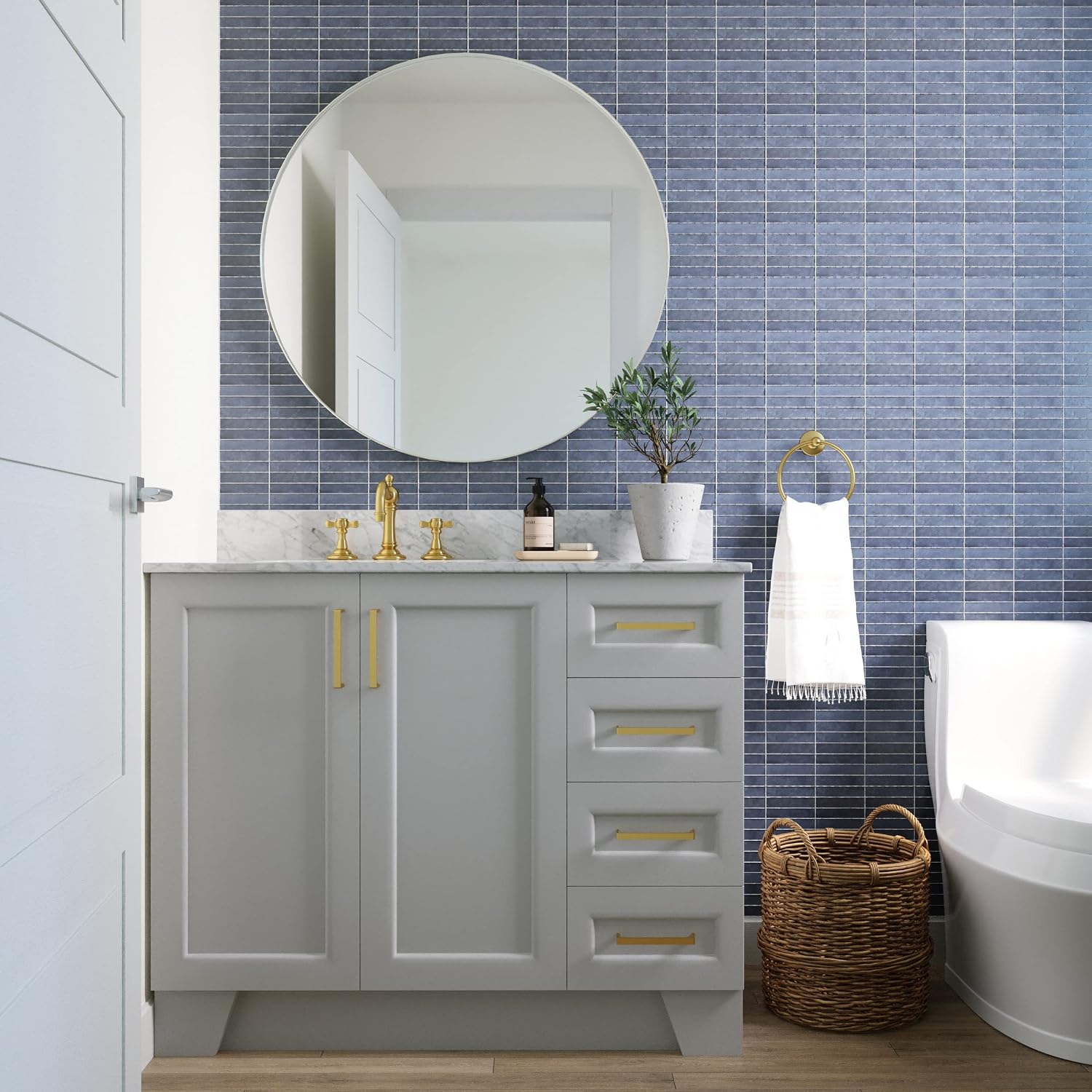 ARIEL Taylor 42-inch Bathroom Vanity with Sink,Solid Wood, 0.75-inch Italian Carrara Marble Countertop, Single Rectangular Porcelain Sink, 2 Soft Closing Doors, 5 Dovetail Drawers, Grey