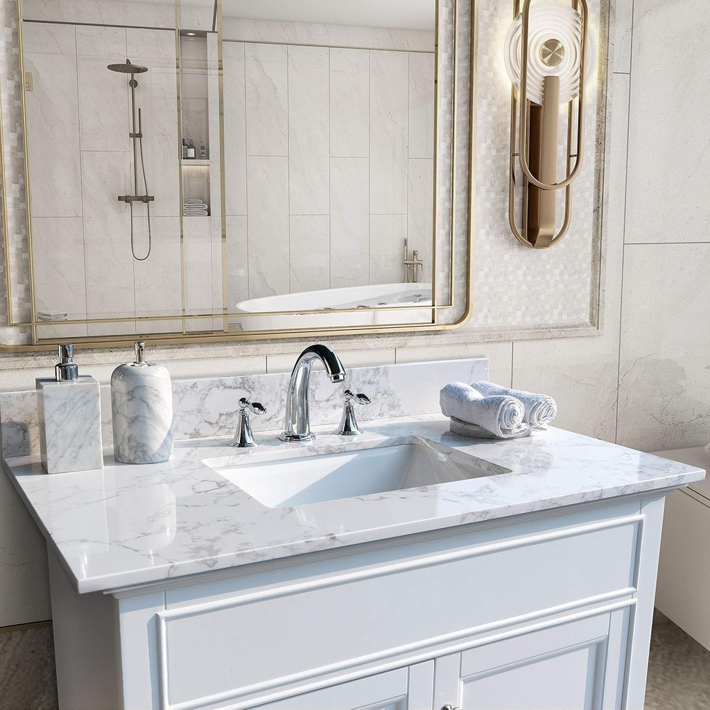 37' x22 Vanity Top with Under Mount Rectangle Bowl, Carrara White, artificial Marble Stone, 8' Pre-Drilled Holes, 37'x22' Vanity Top Sink, Reinforced Packaging (Not included Faucet)