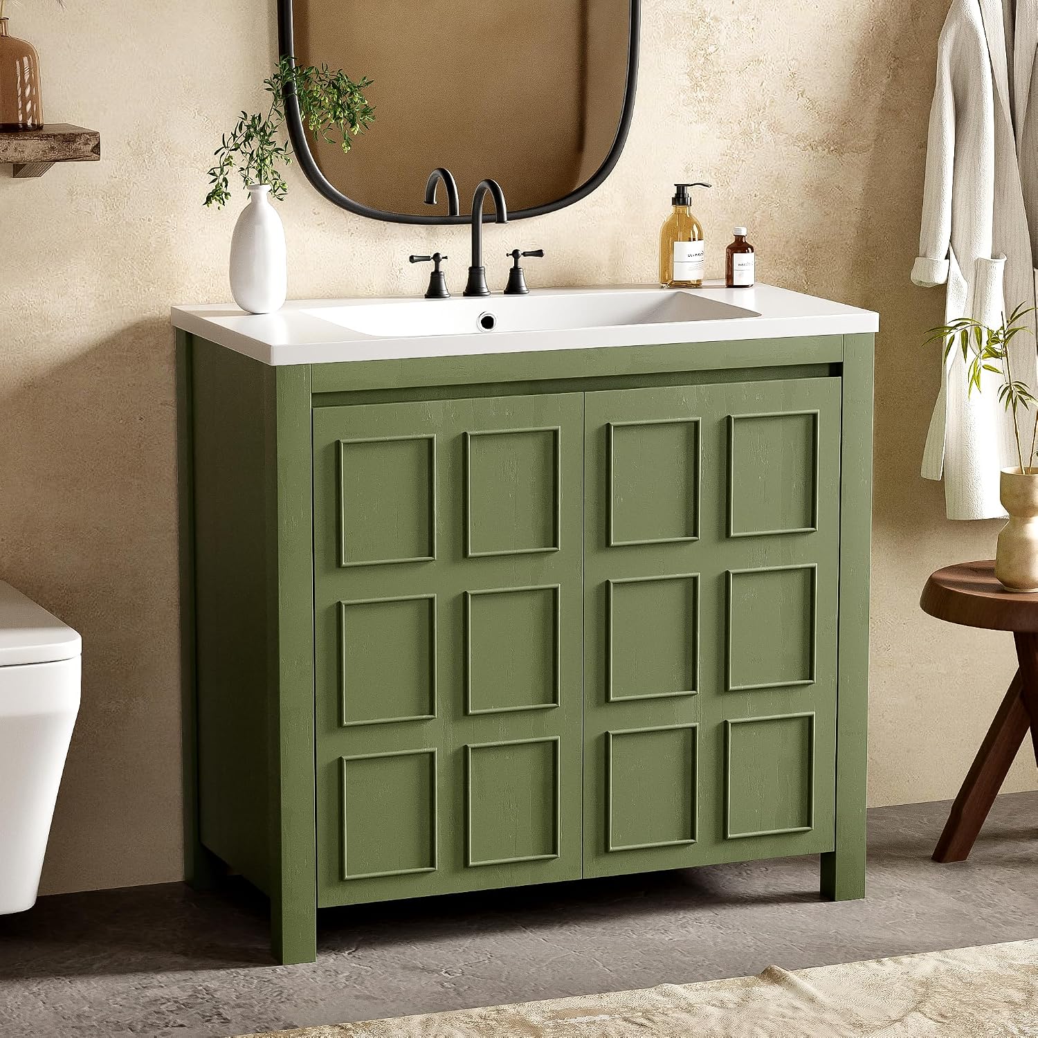 36' Bathroom Vanity with Square White Ceramic Sink Top and Soft Closing Door, Combo Stand Storage Cabinet, Olive Green