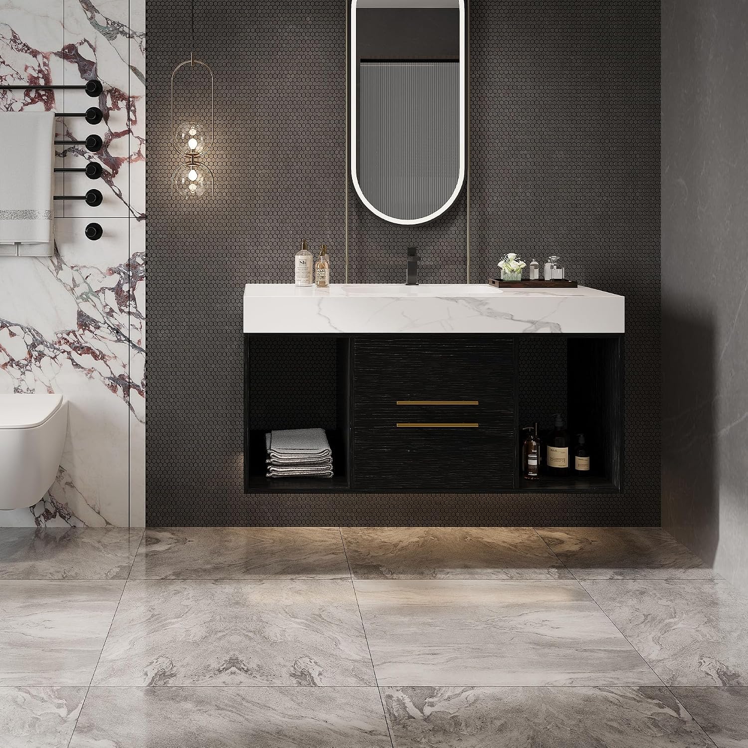 40 inch Bathroom Vanity with Ceramic Sink and Sinter Stone Marble Counter Top Modern Wall Mounted Floating Bathroom Sink Cabinet with 2 Drawers&2 Open Shelves&Gold Metal Handle,Black