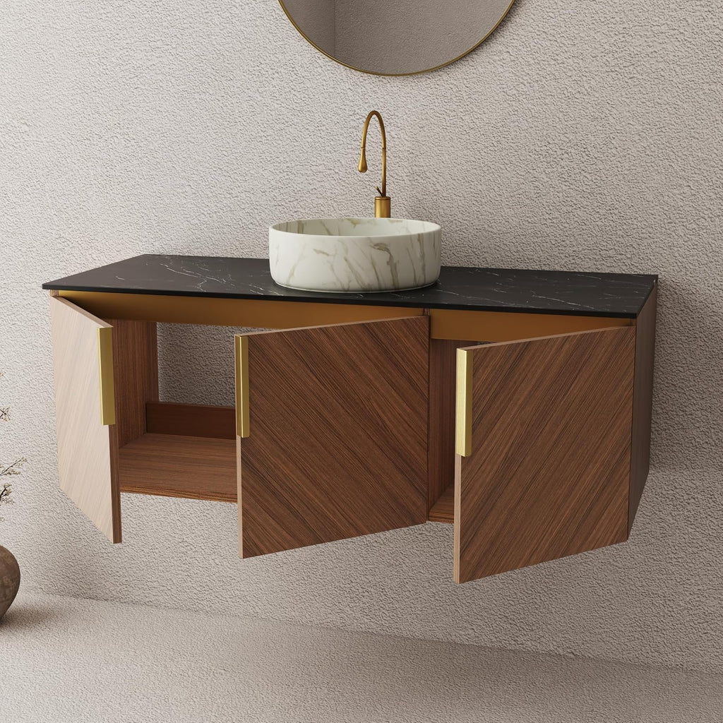 LKTART 48 Inch Bathroom Vanity with Sink, Modern Wall Mounted Bathroom Sink with 3 Doors, Black Sintered Stone Countertop and Stone Round Ceramic Basin