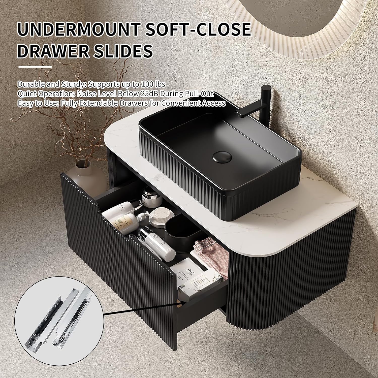 Yayzy 30' Floating Bathroom Vanity with Sink, Solid Wood Fluted Cabinet, Black Fluted Square Ceramic Basin & Faux Marble Top, Soft-Close Drawer, Pre-Assembled, Gloss Black