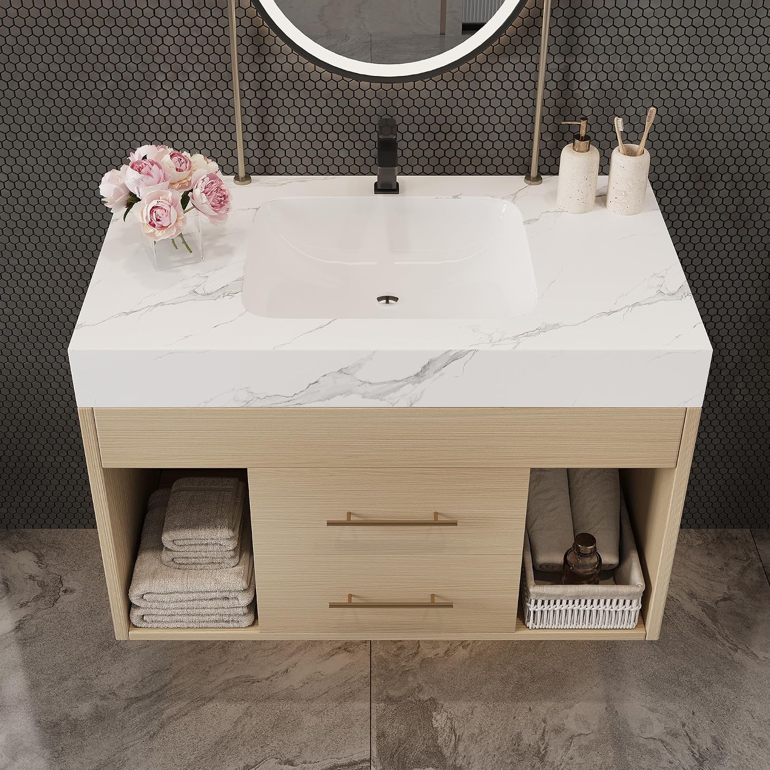 30' Bathroom Vanity with Sink Set, Modern Oak Wall Mounted Bathroom Vanity Cabinet with Sintered Stone Top&Gold Handle 2 Drawers&2 Open Storage, Single Sink Floating Bathroom Vanity