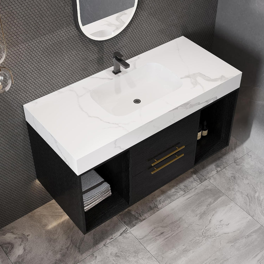 40' Bathroom Vanity with Sink Set, Modern Black Wall Mounted Bathroom Vanity Cabinet with Sintered Stone Top&Gold Handle 2 Drawers&2 Open Storage, Single Sink Floating Bathroom Vanity