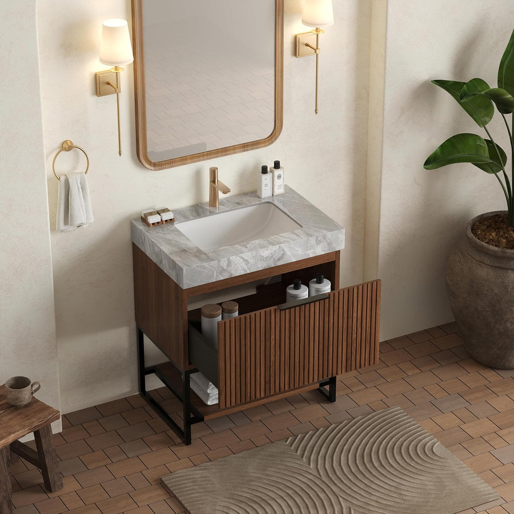 30'' Modern Bathroom Vanity with Sink, Freestanding Plywood Cabinet with Light Gray Sintered Stone Top & Undermount Ceramic Basin, Bathroom Vanities Cabinet W/Drawer and Open Shelf-Lund, Dark Walnut/S