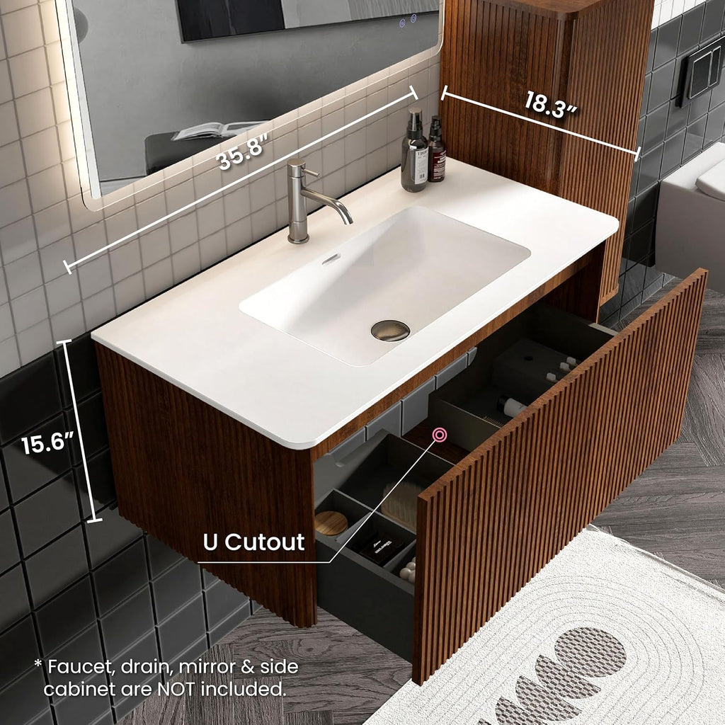 36' Bathroom Vanity with Sink, Modern Floating Vanity with Push Open Soft Close Drawer, Large Storage for Bathroom, Hotel, Walnut, Fully Assembled - Camellia Collection