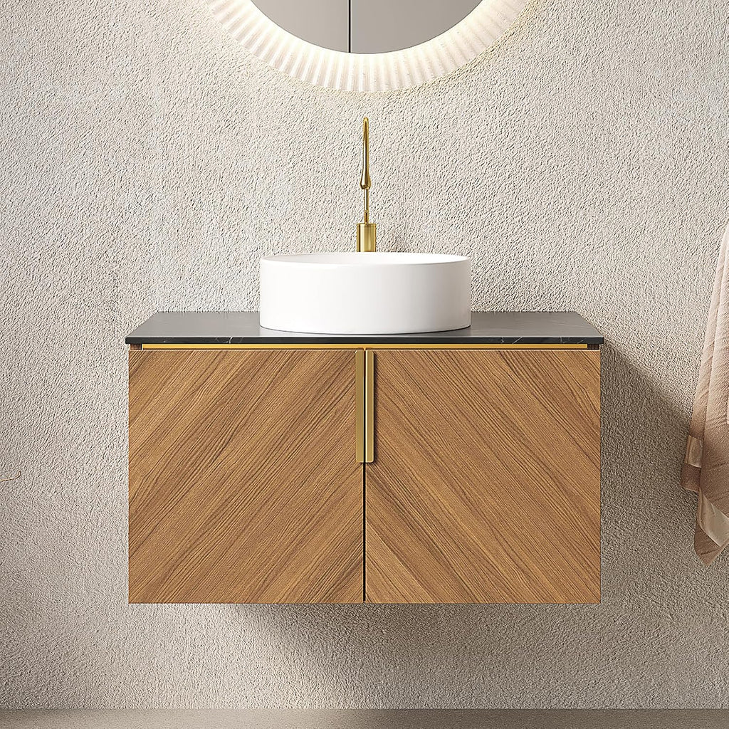 LKTART Floating Vanity Bathroom 30 inch, Modern Wall Mounted Bathroom Storage Cabinet with 2 Doors, Black Sintered Stone Countertop and White Round Ceramic Basin, Brown