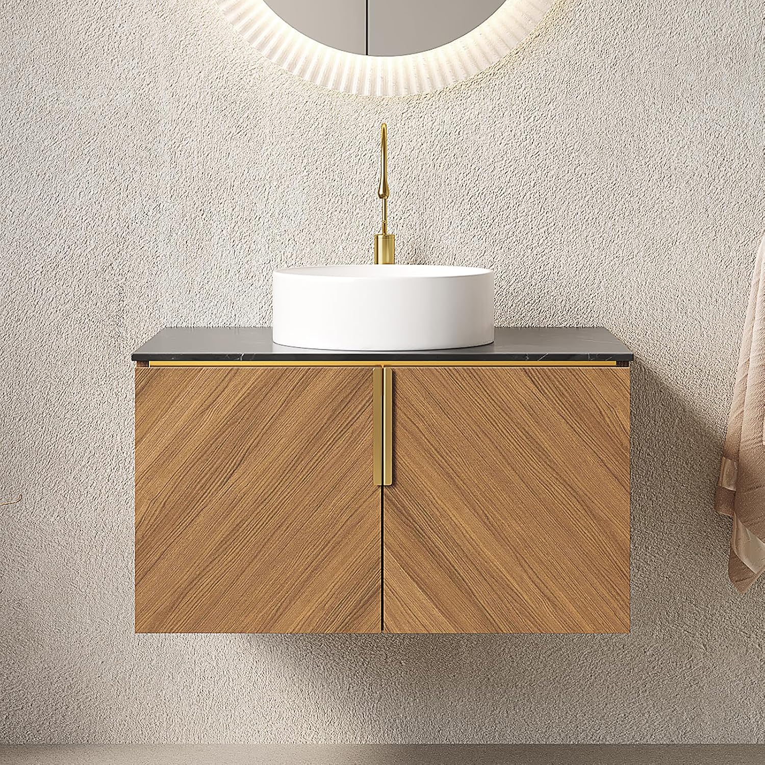 LKTART Floating Vanity Bathroom 30 inch, Modern Wall Mounted Bathroom Storage Cabinet with 2 Doors, Black Sintered Stone Countertop and White Round Ceramic Basin, Brown