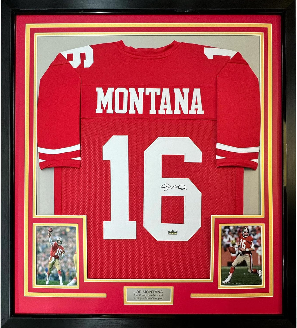 Framed Facsimile Autographed Joe Montana 35x39 San Francisco 49ers Red Reprint Laser Auto Football Jersey