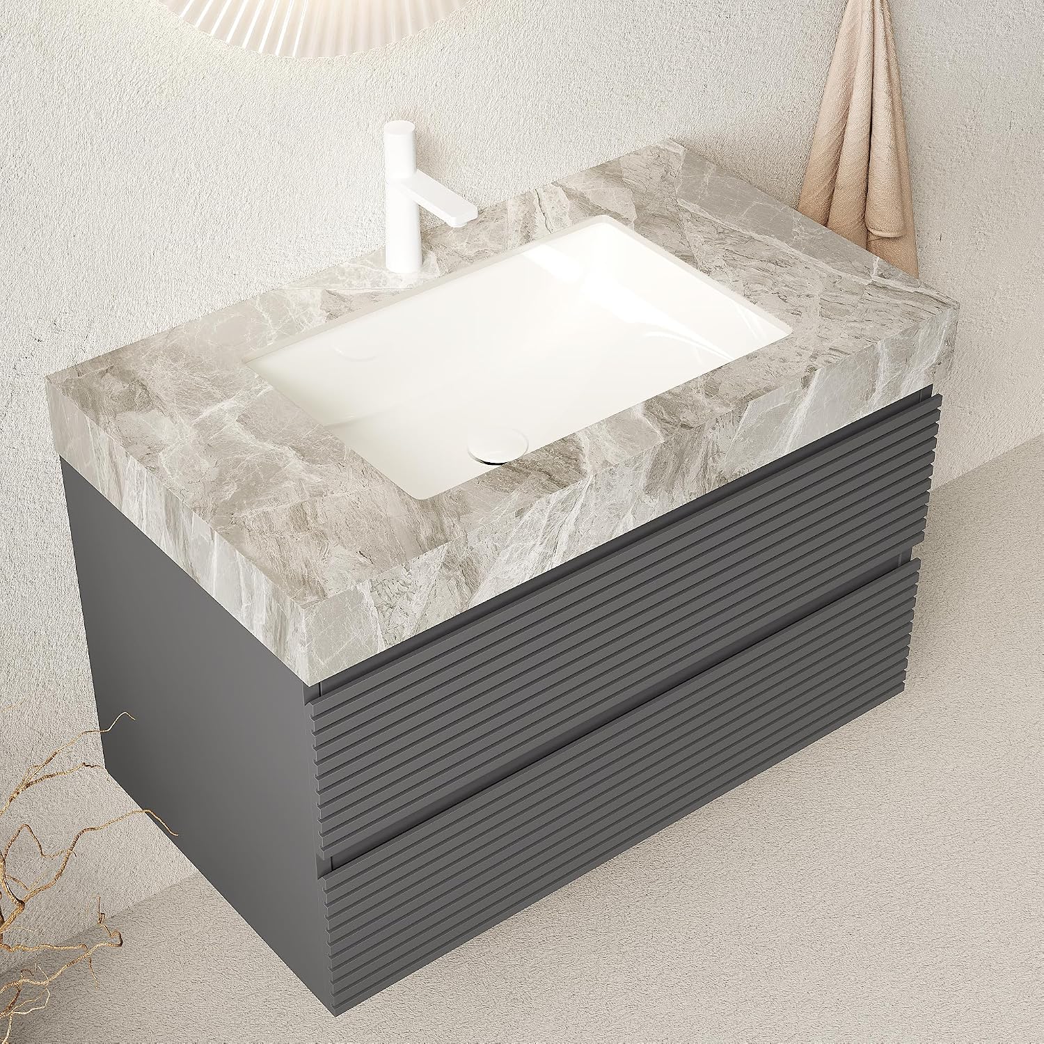 Eleshine 36' Bathroom Vanity with Undermount Sink, Floating Plywood Fluted Storage Cabinet with 2 Drawers, Itlay Light Gray with Stone Pattern Sintered Stone Top, Gray