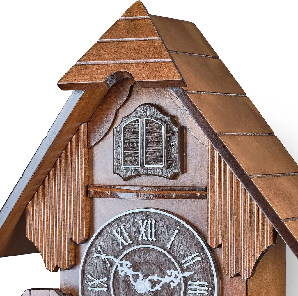 TIMEGEAR Cuckoo Clock with Automatic Night Mode, Swinging Pendulum and Quartz Movement (Brown)