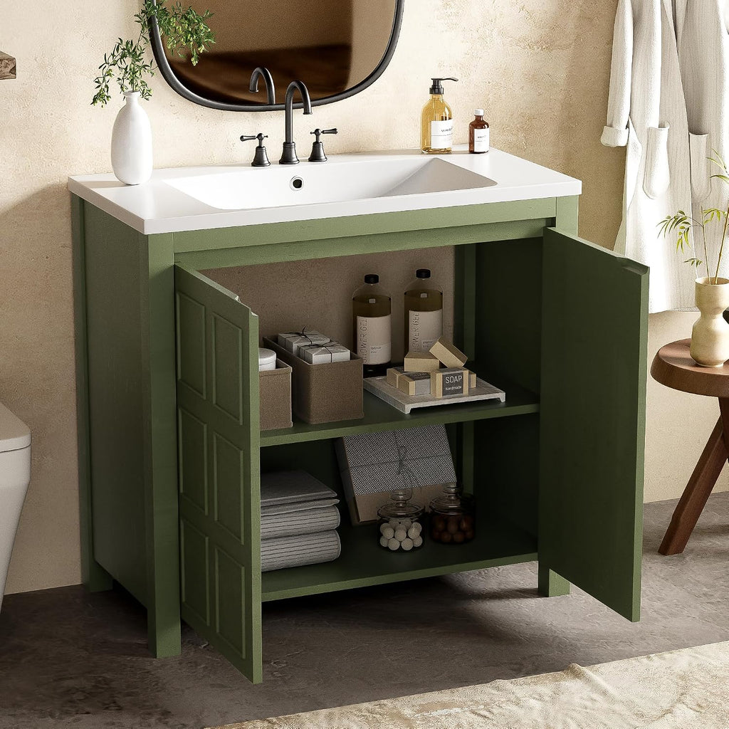 Harper & Bright Designs 36' Bathroom Vanity with Sink, Free Standing Single Vanity Set with Larger Cabinet & Adjustable Shelf, Wooden Bathroom Cabinet with Ceramic Basin for Bathroom, Olive Green