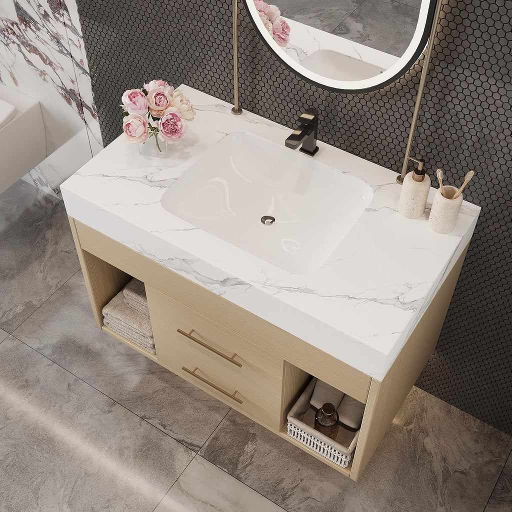 30' Bathroom Vanity with Sink Set, Modern Oak Wall Mounted Bathroom Vanity Cabinet with Sintered Stone Top&Gold Handle 2 Drawers&2 Open Storage, Single Sink Floating Bathroom Vanity