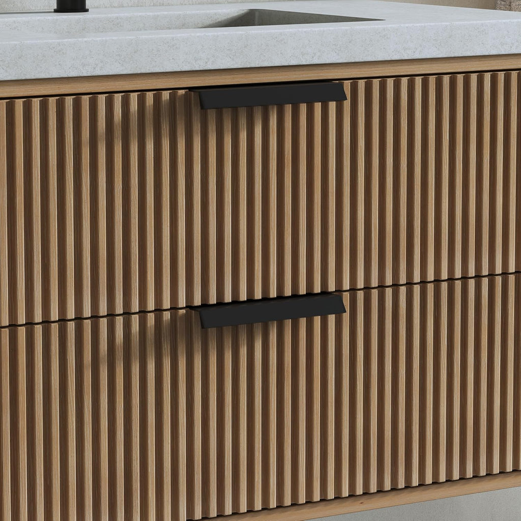 36' Single Bathroom Vanity with Cement Sink, Undermount Sink Cabinet, 2 Soft Clossing Drawers, Floating Storage Cabinet with White Sink, Natural Brown