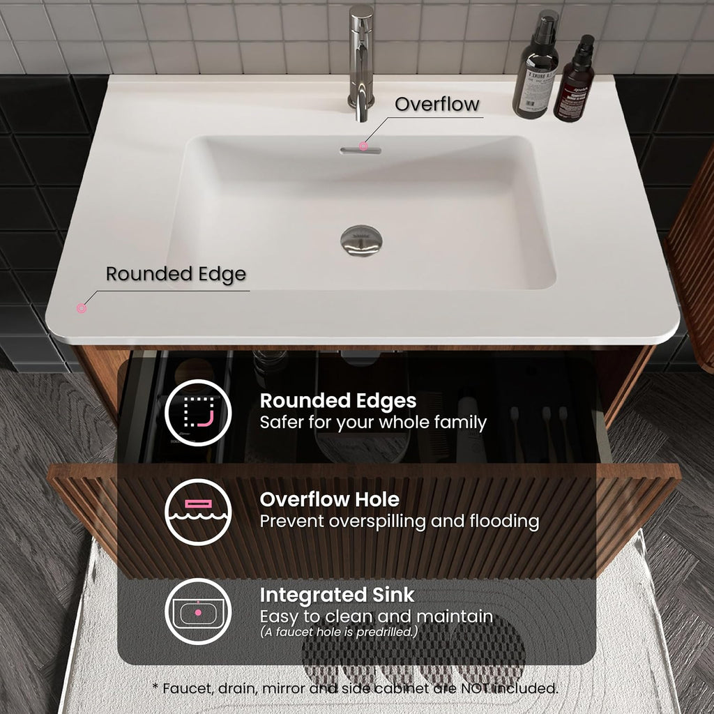 30' Bathroom Vanity with Sink, Modern Floating Vanity with Push Open Soft Close Drawer, Large Storage for Small Space, Walnut, Fully Assembled - Camellia Collection