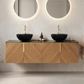 LKTART 60 Inch Bathroom Vanity Double Sink, Double Sink Bathroom Vanity with Black Bowl Ceramic Basins, 4 Doors Modern Wall Mounted Bathroom Storage Cabinet, Black Sintered Stone Countertop, Brown