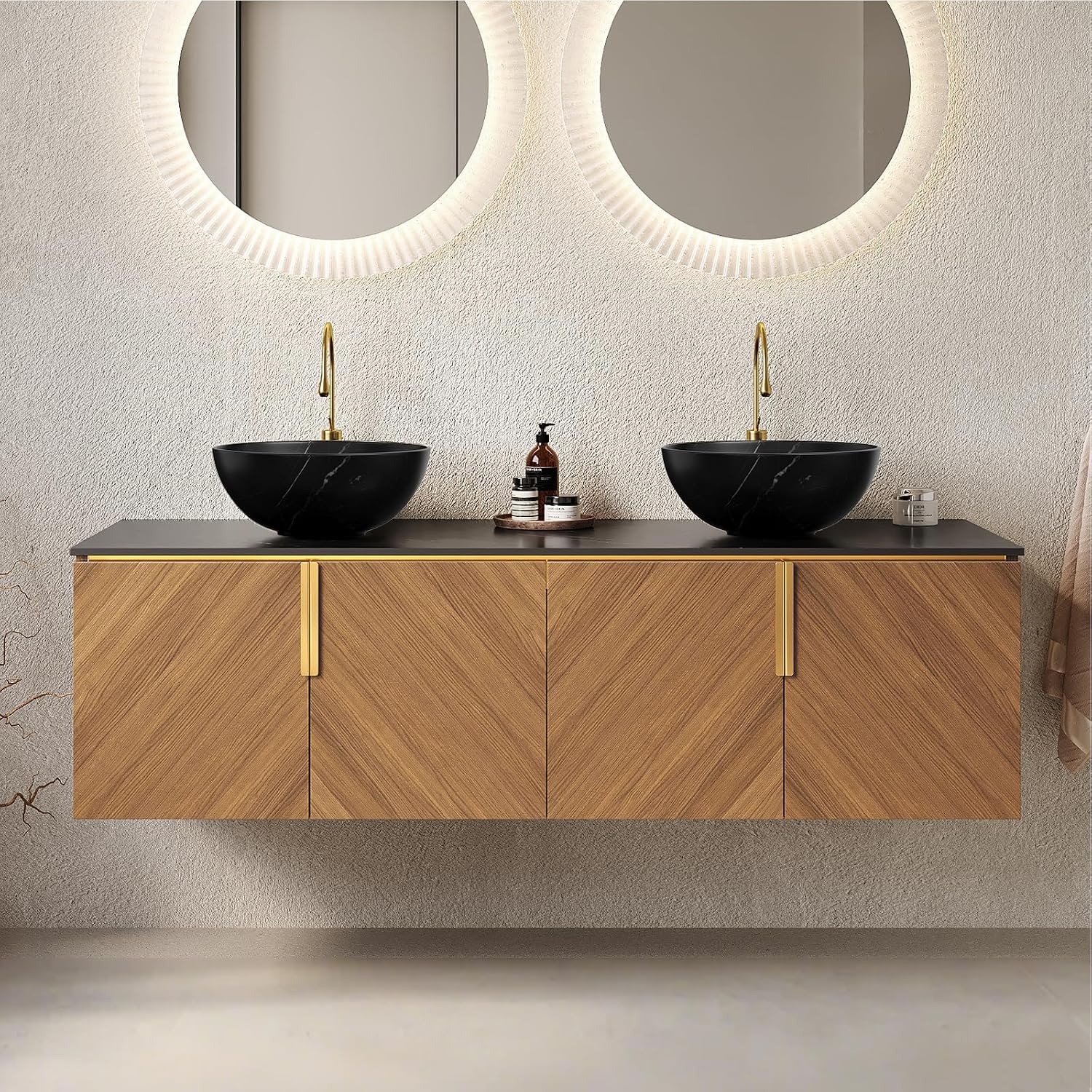 LKTART 60 Inch Bathroom Vanity Double Sink, Double Sink Bathroom Vanity with Black Bowl Ceramic Basins, 4 Doors Modern Wall Mounted Bathroom Storage Cabinet, Black Sintered Stone Countertop, Brown
