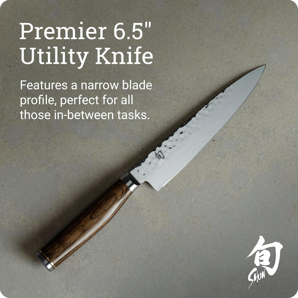Shun Premier 6.5' Utility Knife, Handcrafted Japanese Knife, VG-MAX Core with Damascus Stainless Steel Cladding, Pakkawood Handle, Precision and Sharpness for Professional and Home Chefs