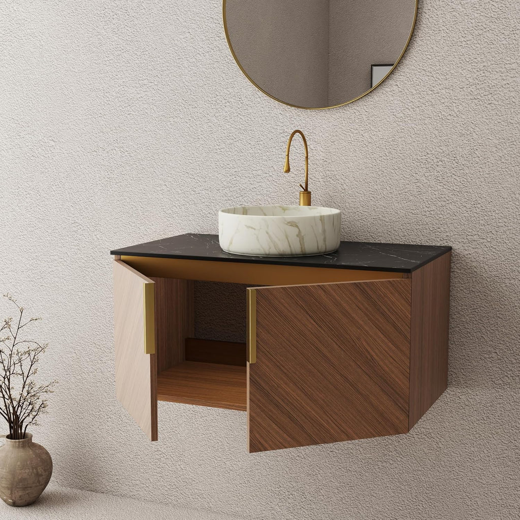 LKTART 36 Inch Bathroom Vanity with Sink, Modern Wall Mounted Bathroom Sink with 2 Doors, Black Sintered Stone Countertop and Stone Round Ceramic Basin