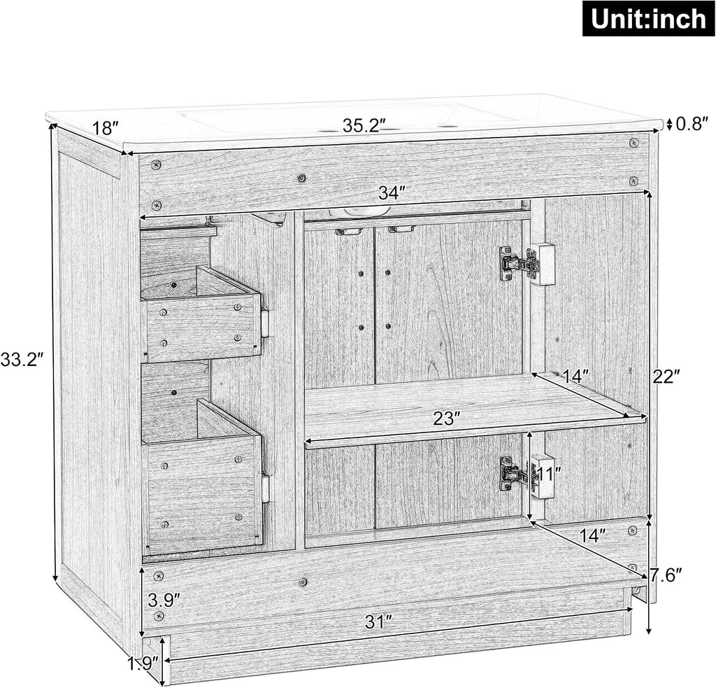 36-inch Bathroom Vanity with Sink Combo, Free-Standing Single Storage Cabinet with 2 Soft-Close Doors & 4 Drawers, Modern Natural Wood Grain Vanity with Ceramic Basin for Bathroom (Wood)