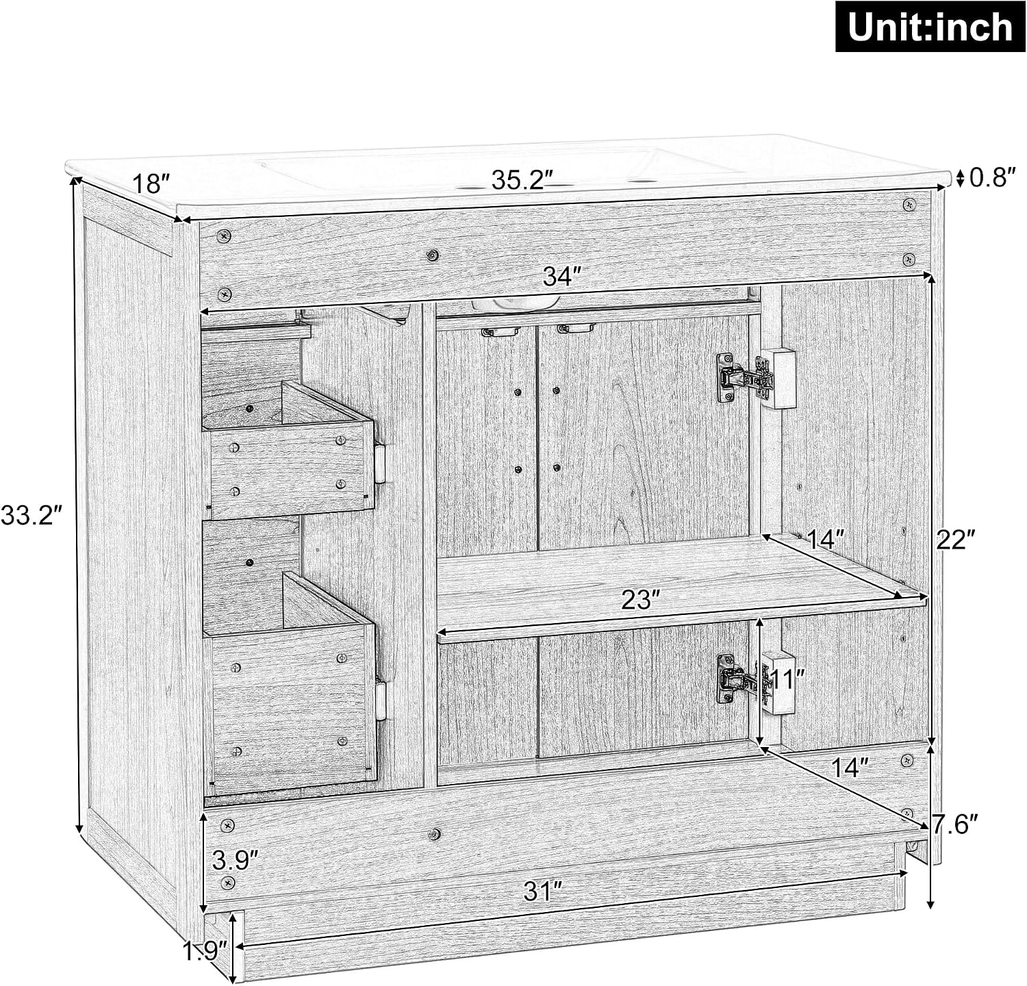 36-inch Bathroom Vanity with Sink Combo, Free-Standing Single Storage Cabinet with 2 Soft-Close Doors & 4 Drawers, Modern Natural Wood Grain Vanity with Ceramic Basin for Bathroom (Wood)