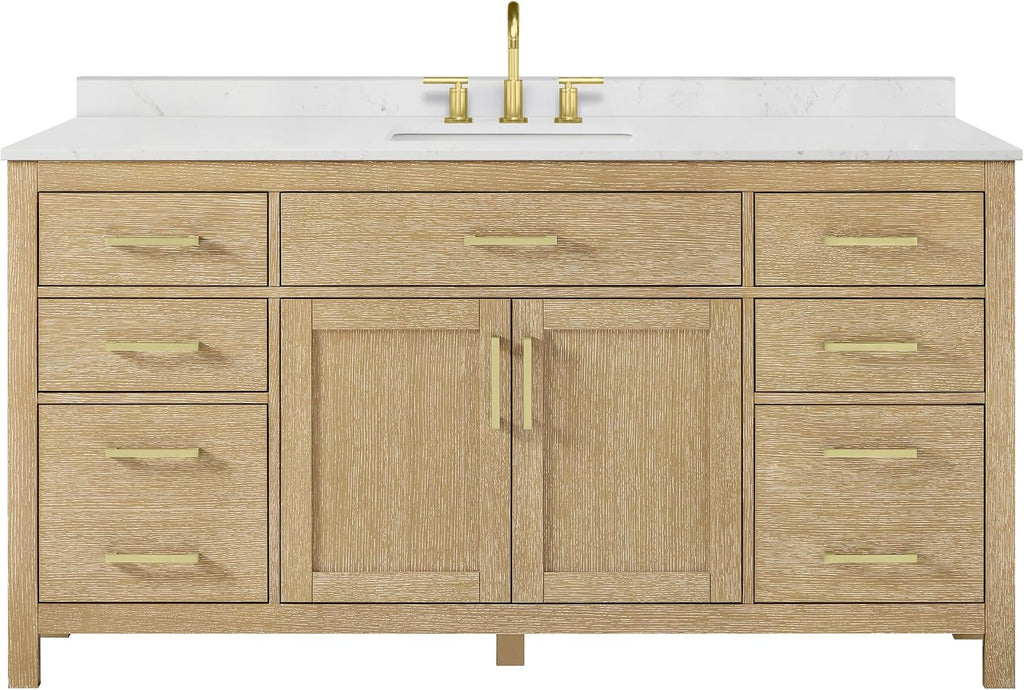Wyndham Collection Beckett 66 Inch Single Bathroom Vanity in Whitewashed Oak, Carrara Cultured Marble Countertop, Undermount Square Sink (3-Hole), Brushed Gold Trim