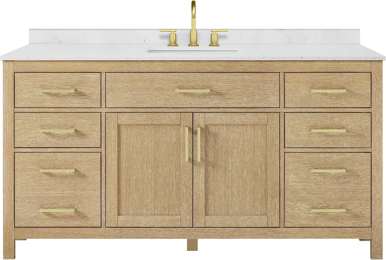 Wyndham Collection Beckett 66 Inch Single Bathroom Vanity in Whitewashed Oak, Carrara Cultured Marble Countertop, Undermount Square Sink (3-Hole), Brushed Gold Trim