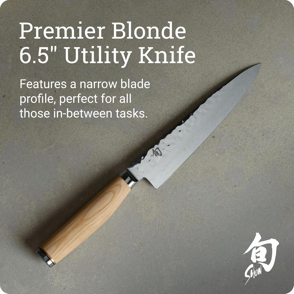 Shun Premier Blonde 6.5' Utility Knife, Handcrafted Japanese Knife, VG-MAX Core with Damascus Stainless Steel Cladding, Pakkawood Handle, Precision and Sharpness for Professional and Home Chefs