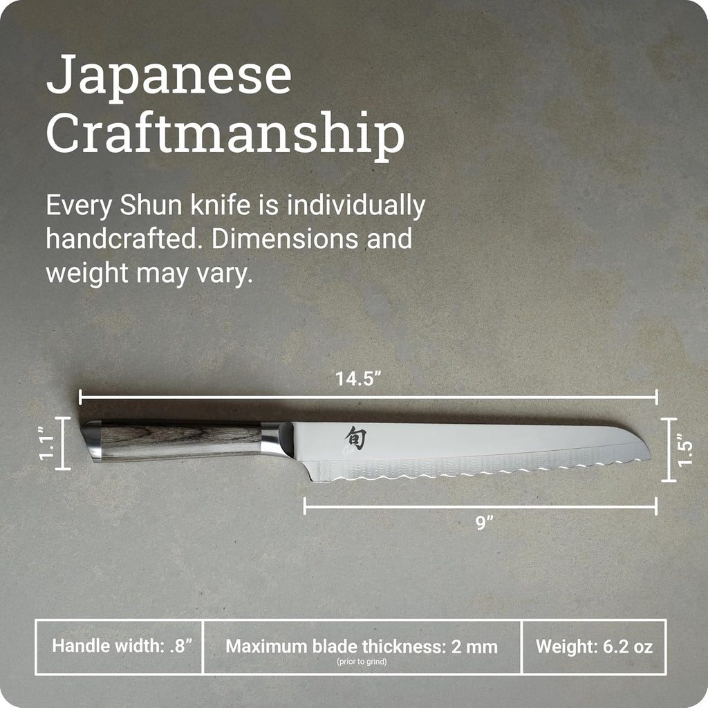 Shun Cutlery Kagerou Bread Knife 9 Inch, Long Sharp Serrations Glide Through Bread, Ideal for Cakes and Pastries, Authentic, Handcrafted, Japanese Serrated Kitchen Knife