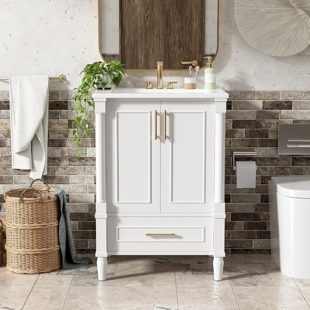 VilroCaz 24' Modern Bathroom Vanity with Ceramic Sink, Ornate Motif Design Doors & Soft-Close Hinges, Wood Bathroom Cabinet with Drawer, Ornately Carved French Cylinder Legs (White-4.23)