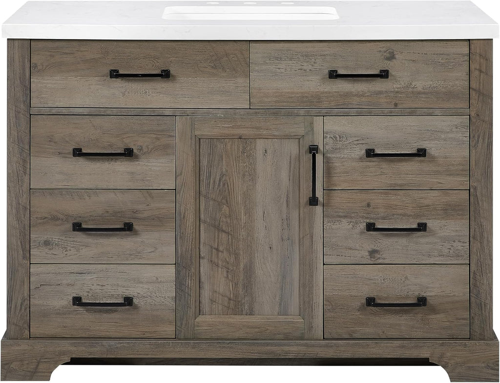 Mia Brown Grey Oak Wood 48-Inch Single Bathroom Vanity with Sink, Shaker Door Cabinet with Shelf, Drawers, Matte Black Handles, Pre-Drilled Marbled White Stone Top, Freestanding, Fully Assembled