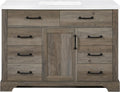 Mia Brown Grey Oak Wood 48-Inch Single Bathroom Vanity with Sink, Shaker Door Cabinet with Shelf, Drawers, Matte Black Handles, Pre-Drilled Marbled White Stone Top, Freestanding, Fully Assembled