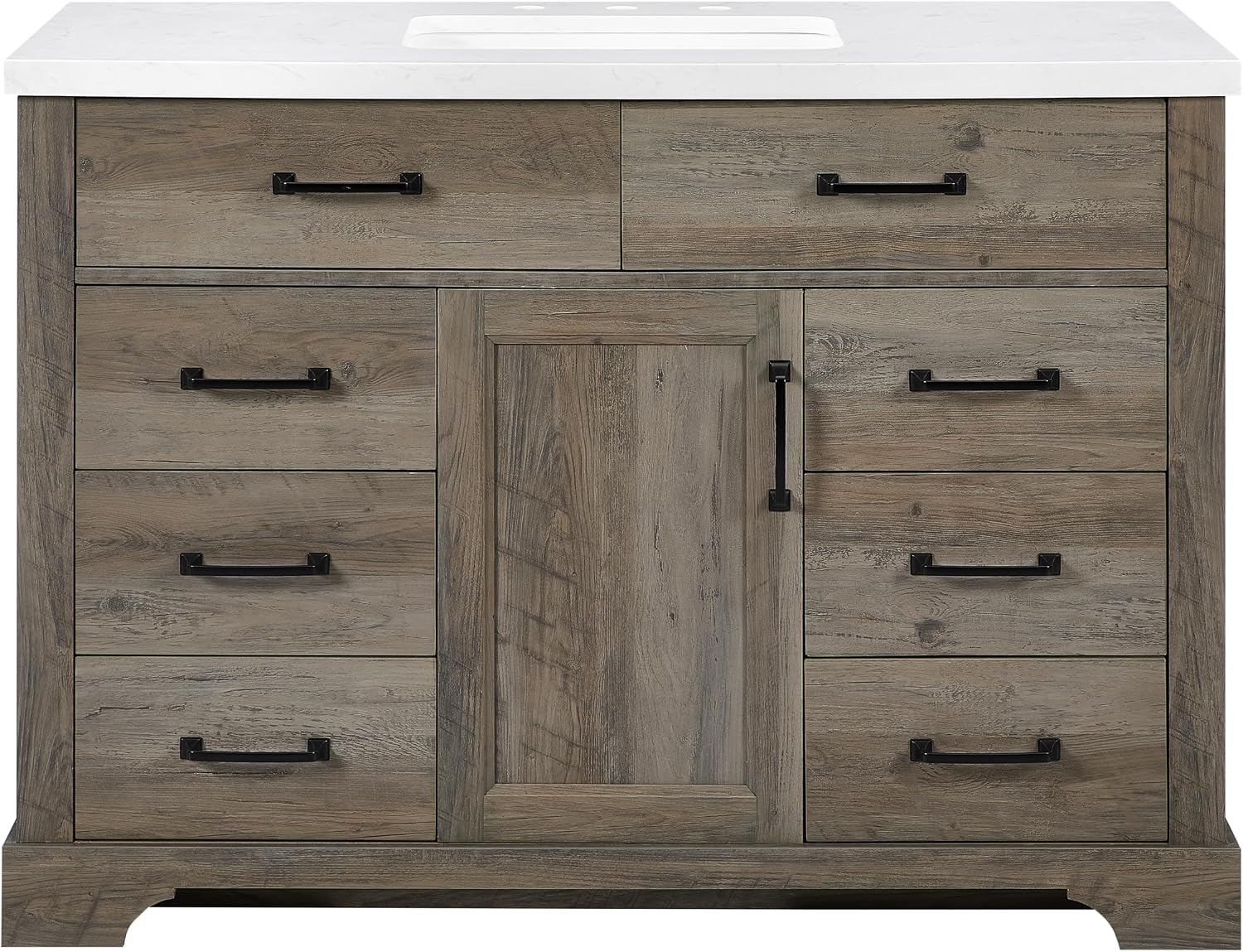 Mia Brown Grey Oak Wood 48-Inch Single Bathroom Vanity with Sink, Shaker Door Cabinet with Shelf, Drawers, Matte Black Handles, Pre-Drilled Marbled White Stone Top, Freestanding, Fully Assembled