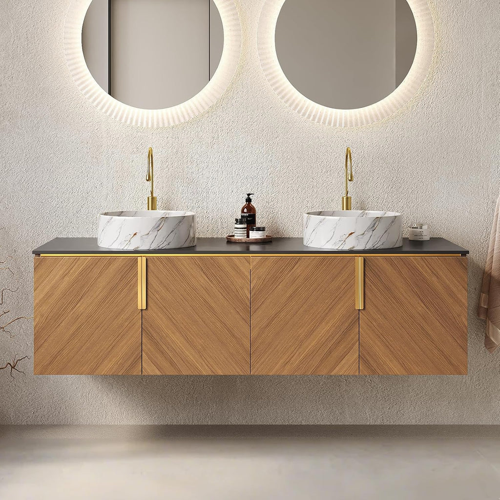 LKTART 60 Inch Bathroom Vanity Double Sink, Double Sink Bathroom Vanity with White Round Ceramic Basins, 4 Doors Modern Wall Mounted Bathroom Storage Cabinet, Black Sintered Stone Countertop, Brown