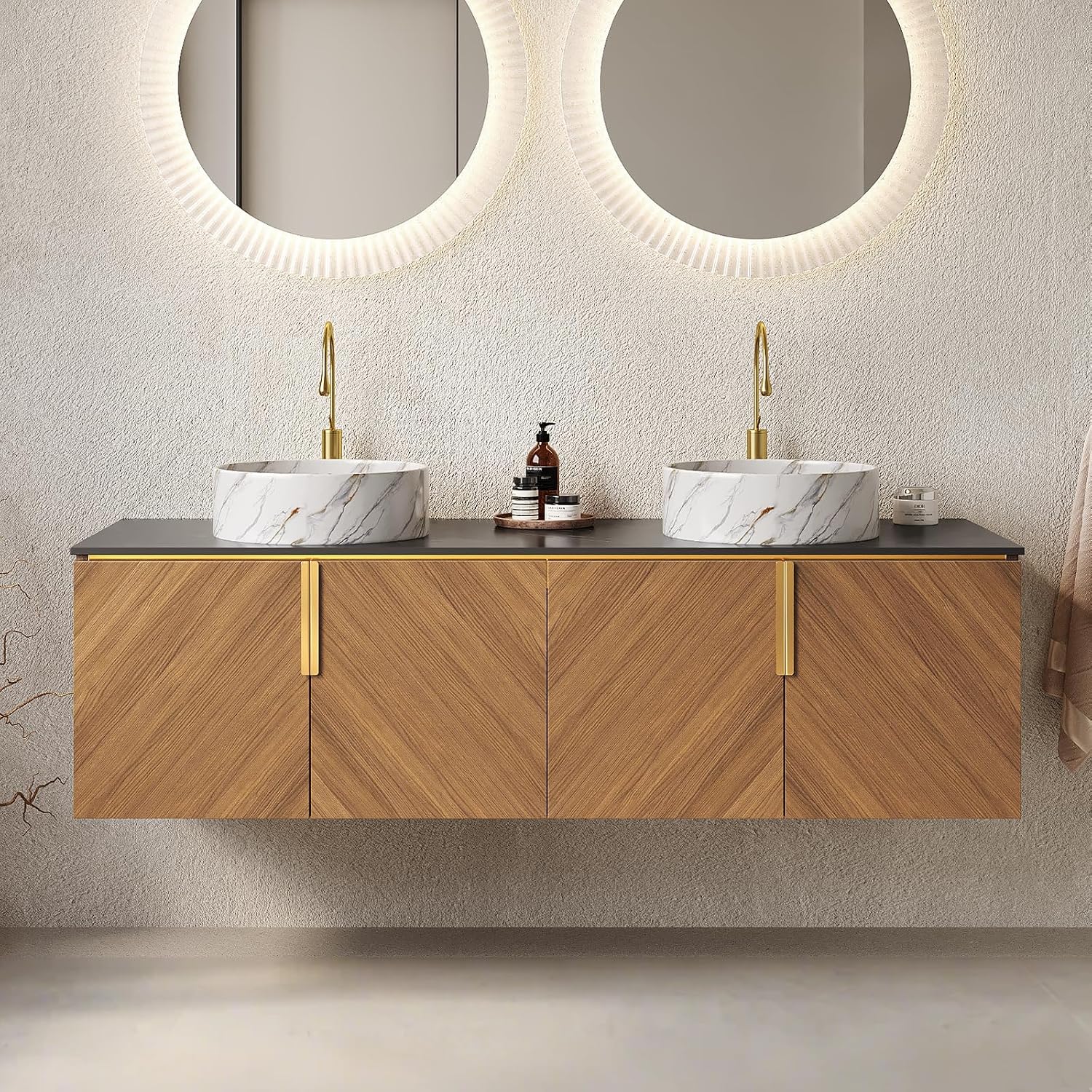 LKTART 60 Inch Bathroom Vanity Double Sink, Double Sink Bathroom Vanity with White Round Ceramic Basins, 4 Doors Modern Wall Mounted Bathroom Storage Cabinet, Black Sintered Stone Countertop, Brown