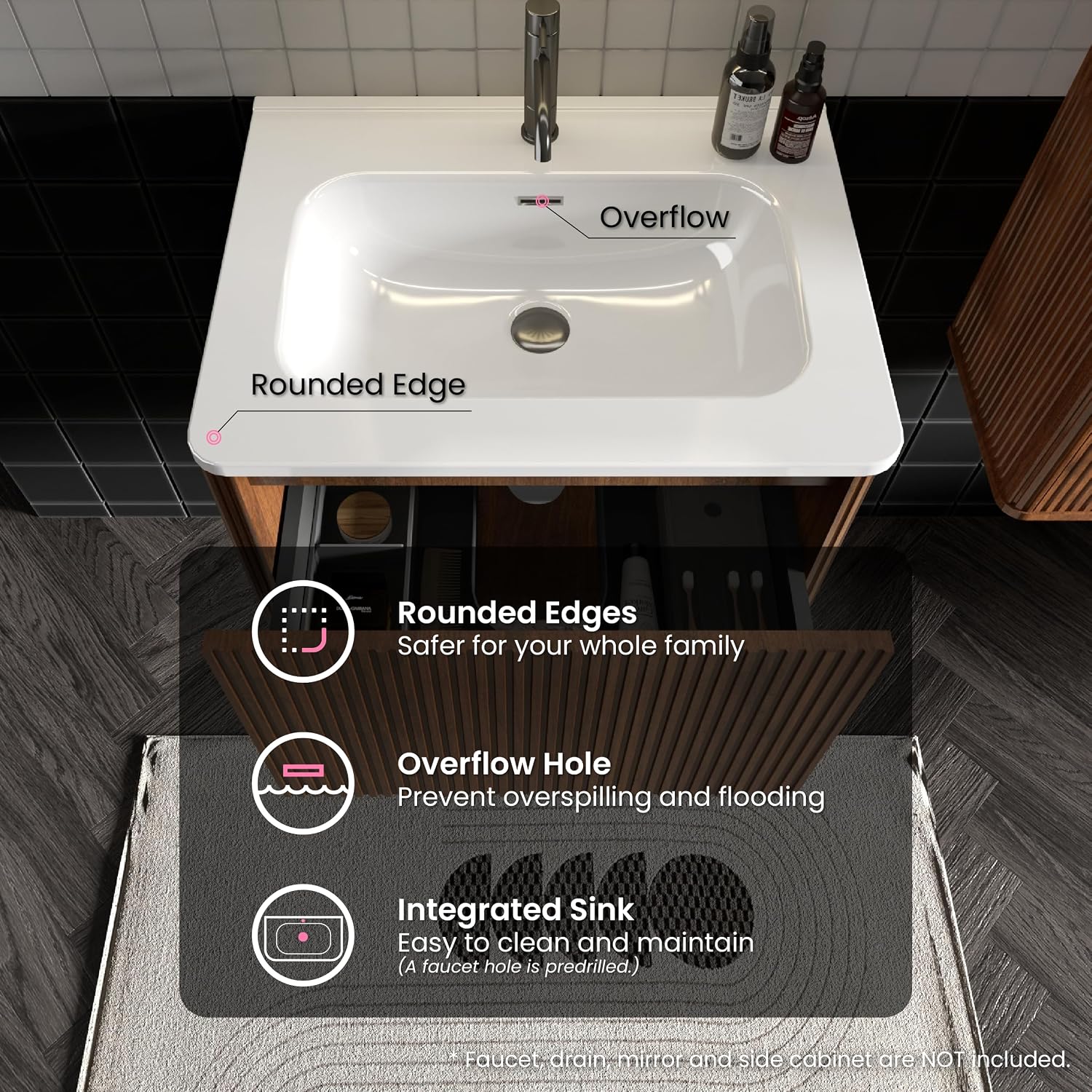 24 Inch Bathroom Vanity with Sink, Modern Floating Vanity with Push Open Drawer, Large Storage for Small Space, Apartment, Hotel, Walnut, Fully Assembled - Camellia Collection