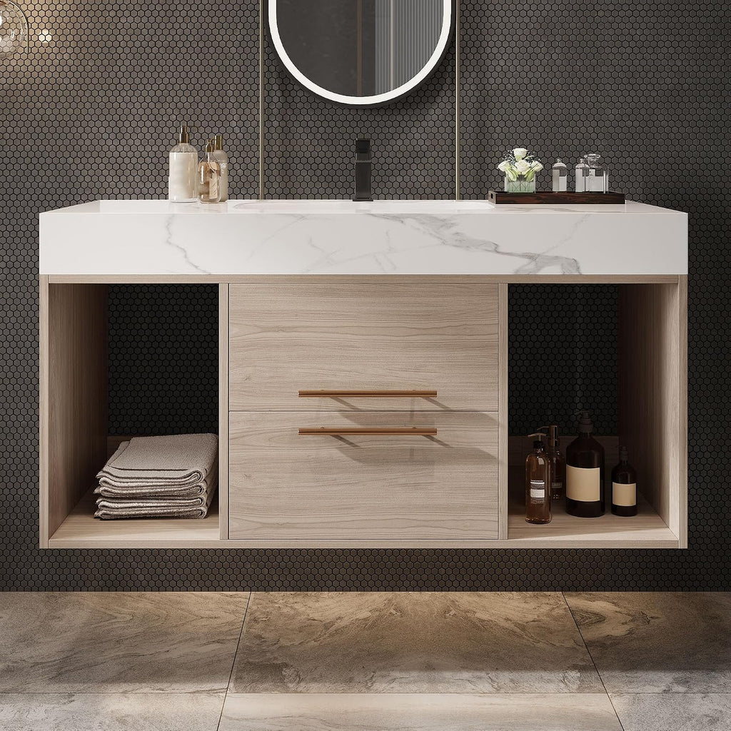 40' Bathroom Vanity with Sink Set, Modern Oak Wall Mounted Bathroom Vanity Cabinet with Sintered Stone Top&Gold Handle 2 Drawers&2 Open Storage, Single Sink Floating Bathroom Vanity