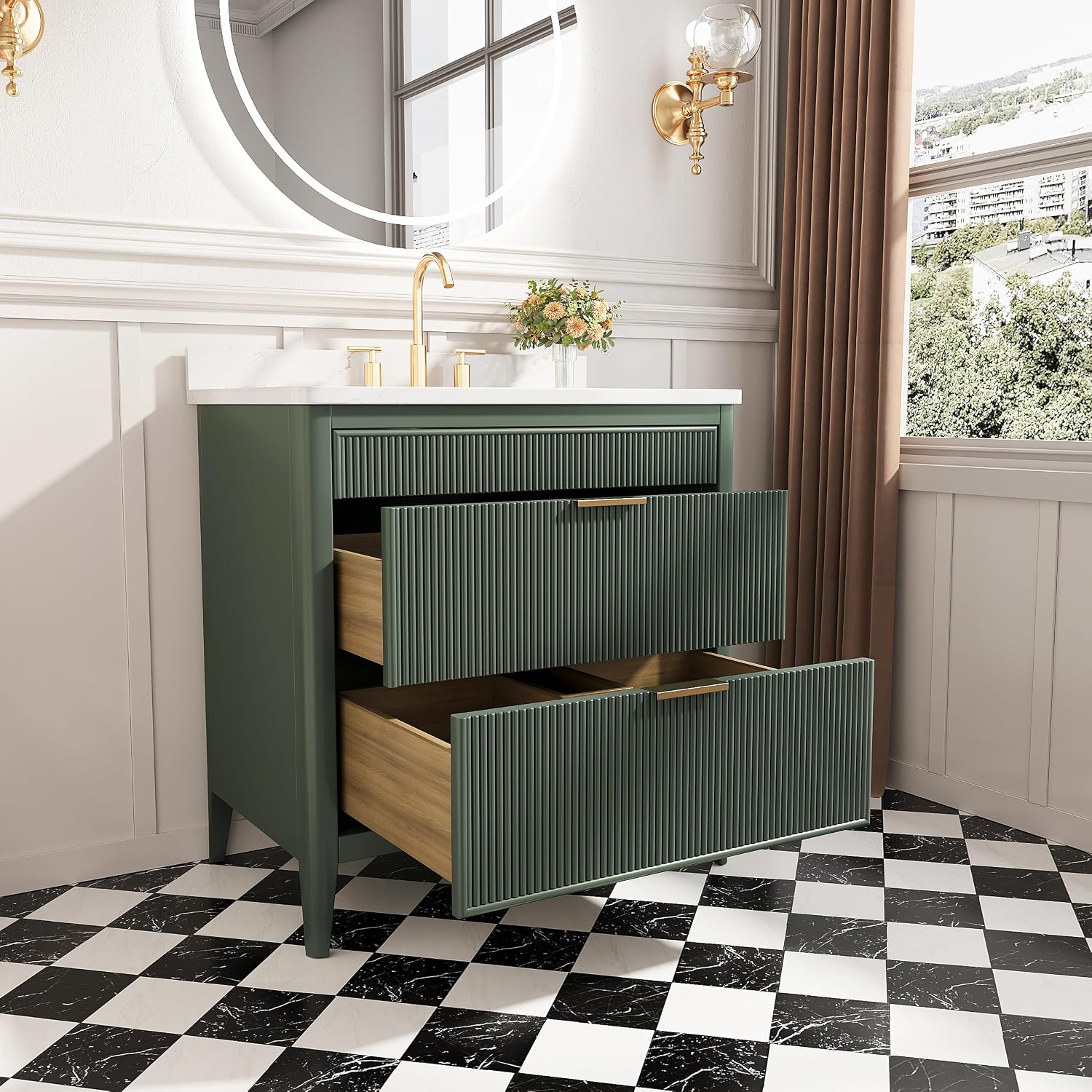 KEIKI 36' Freestanding Bathroom Vanity with Sink,Wood Storage Cabinet with 2 Handle Sets and Engineered Marble Top