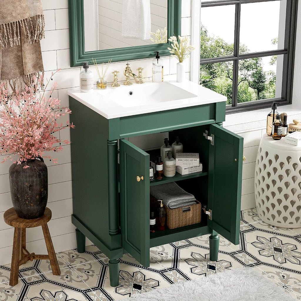 24' Vintage Bathroom Vanity with Sink Mid-Century Bathroom Vanity with 2 Soft-Close Doors & 2-Tier Adjustable Shelf Freestanding Bathroom Storage Cabinet with Roman Column Base & Metal Handles,Green