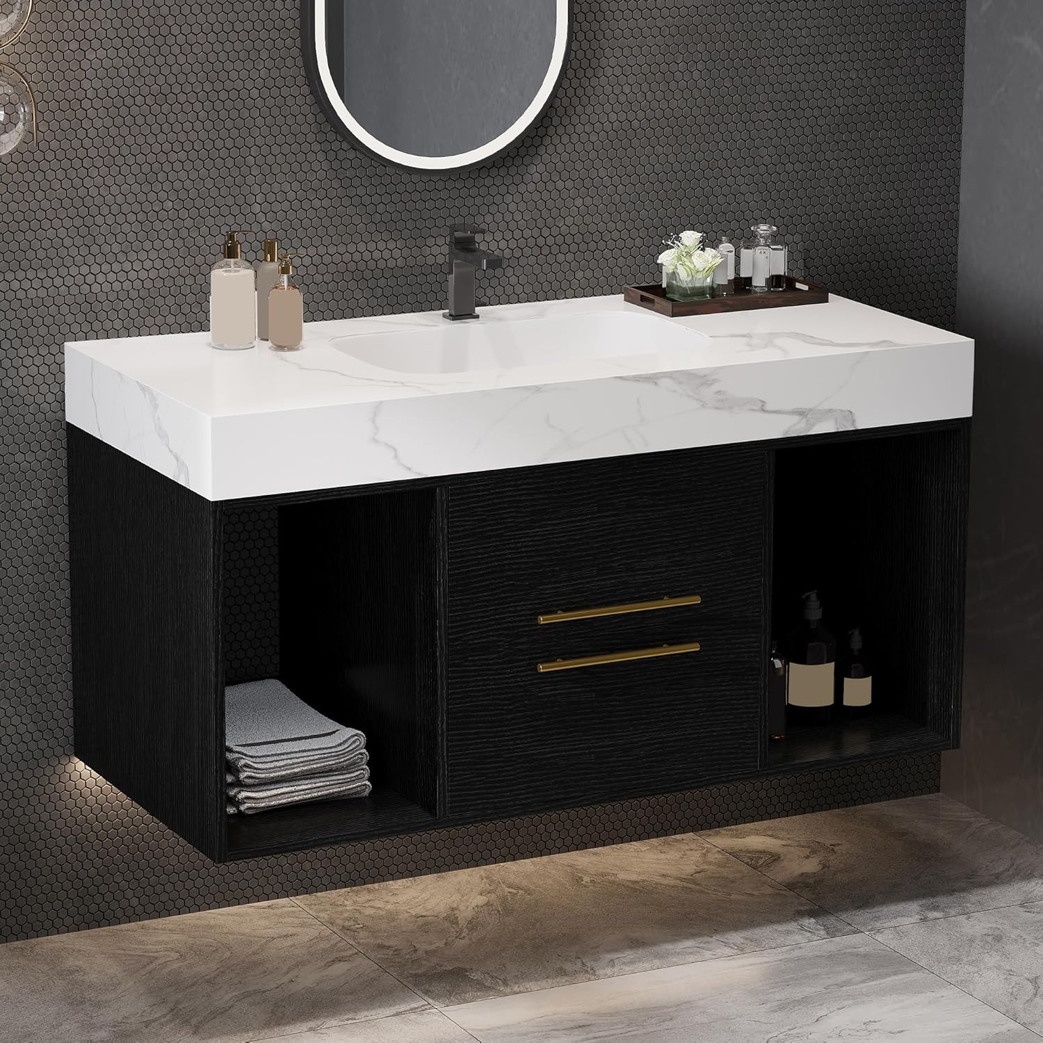 40 inch Bathroom Vanity with Ceramic Sink and Sinter Stone Marble Counter Top Modern Wall Mounted Floating Bathroom Sink Cabinet with 2 Drawers&2 Open Shelves&Gold Metal Handle,Black